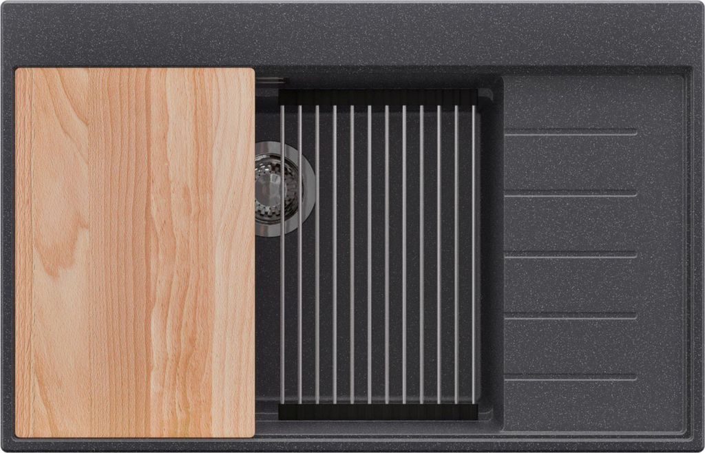 PRIMAGRAN Spülbecken Anthrazit 78x50cm, Granitspüle 1 Becken + Ablauf-Set + Küchenzubehörset, Küchenspüle ab 60er Unterschrank - Sydney