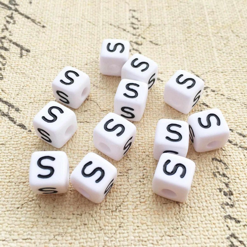 Perles pour lettres, 30 pièces, 6x6 mm, blanc avec noir, Image du produit 