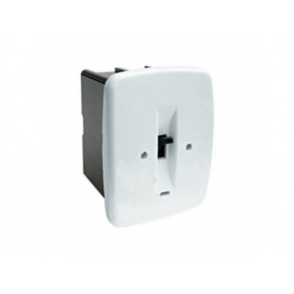 A white electrical outlet with a black switch is shown against a white background.