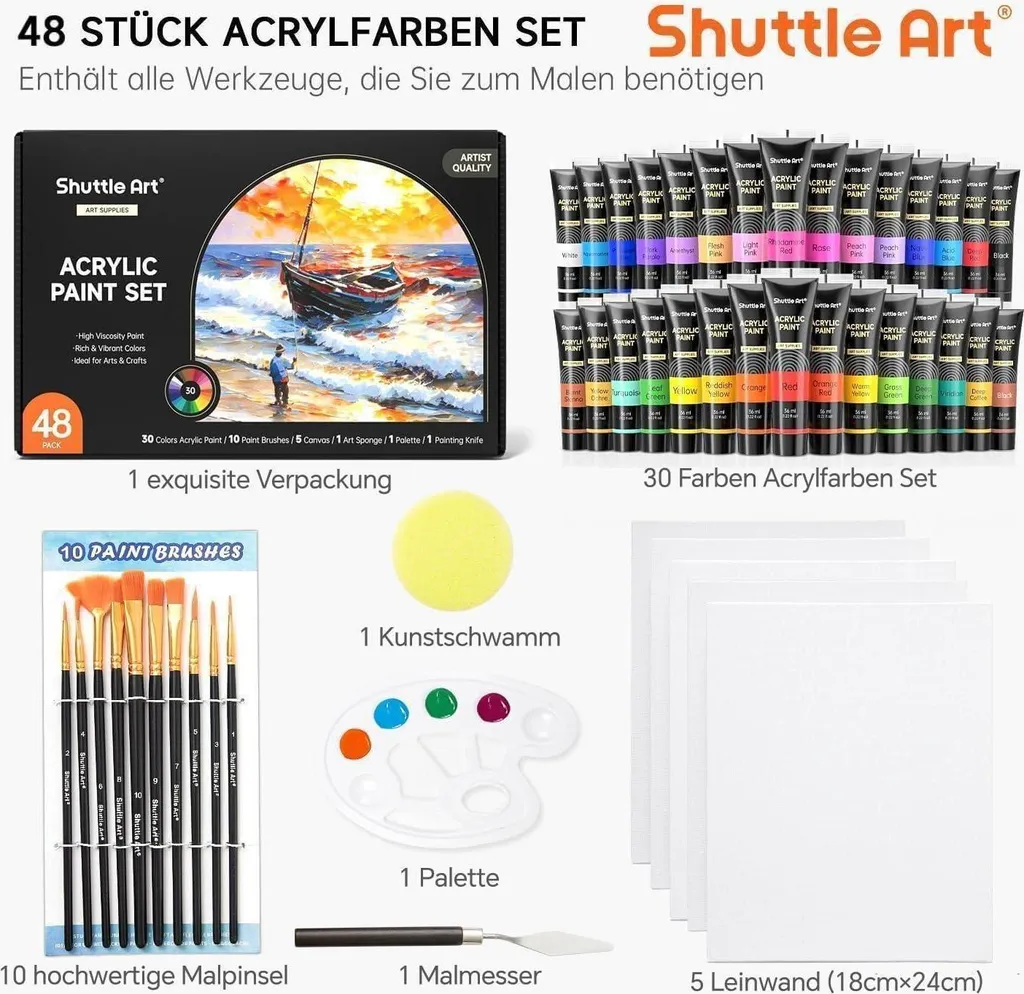 Lot De 40 Mini Peintures Acryliques Lavables – 6x12 Couleurs, 30 Pinceaux, 4 Palettes – Cadeau Enfant Adulte Pour Activités Créatives
