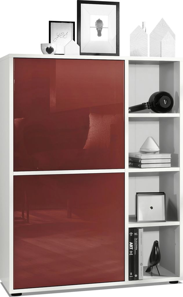 Vladon Highboard Schrank Anrichte Cuba mit 8 Fächern, Germany, Korpus in Weiß matt / Fronten in Bordeaux Hochglanz