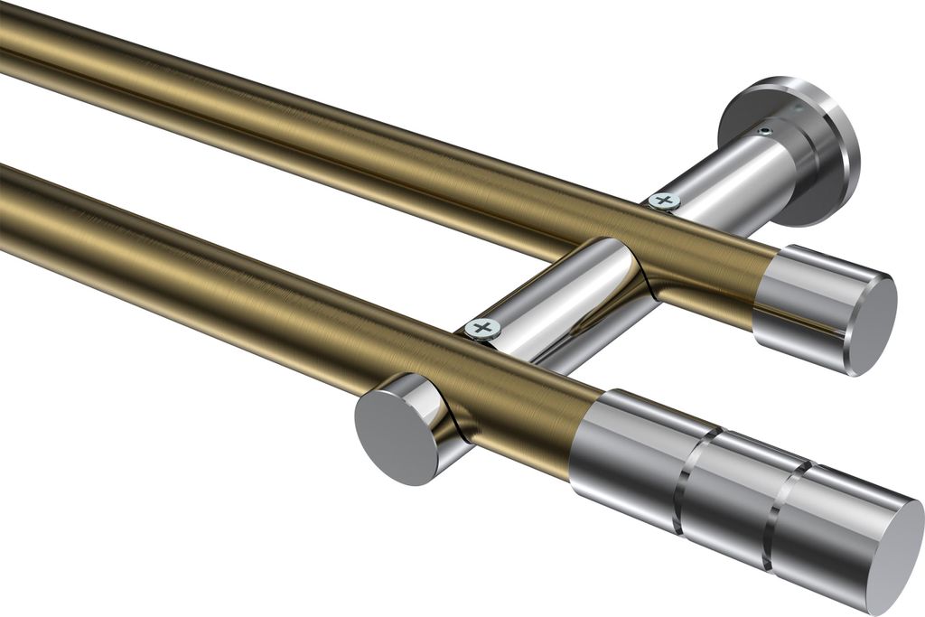 Interdeco Gardinenstange / Vorhangstange Messing Antik / Chrom, Typ Platon Elanto (Rillenzylinder) ohne Ringe, 20 mm Ø 2-läufig, 520 cm