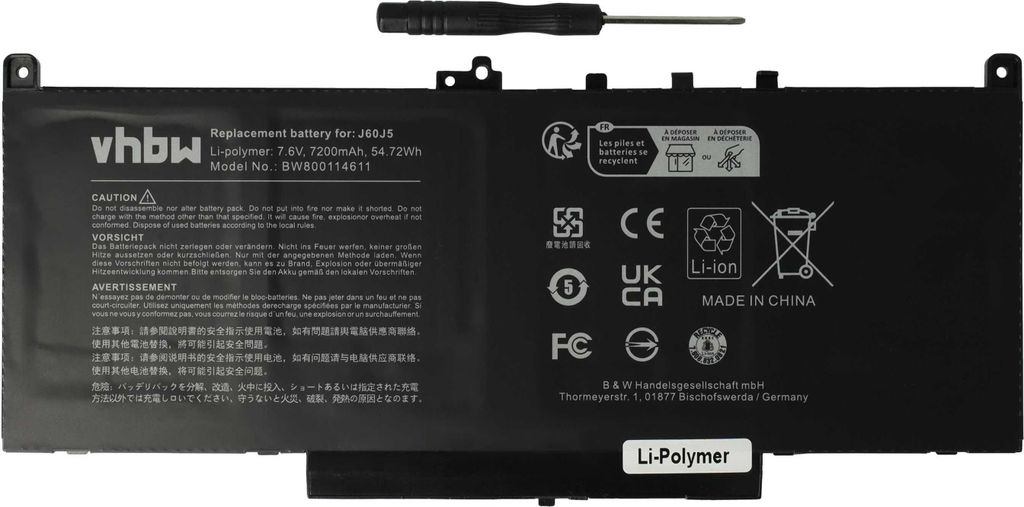 vhbw Akku Ersatz für Dell 451-BBSY, GG4FM, 451-BBSU, 451-BBSX, 242WD, J60J5, 0PDNM2, 1W2Y2, 0F1KTM, 0MC34Y für Notebook (7200 mAh, 7,6 V, Li-Poly...