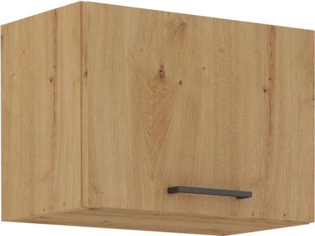 A single kitchen cabinet with a wooden texture and a dark handle.