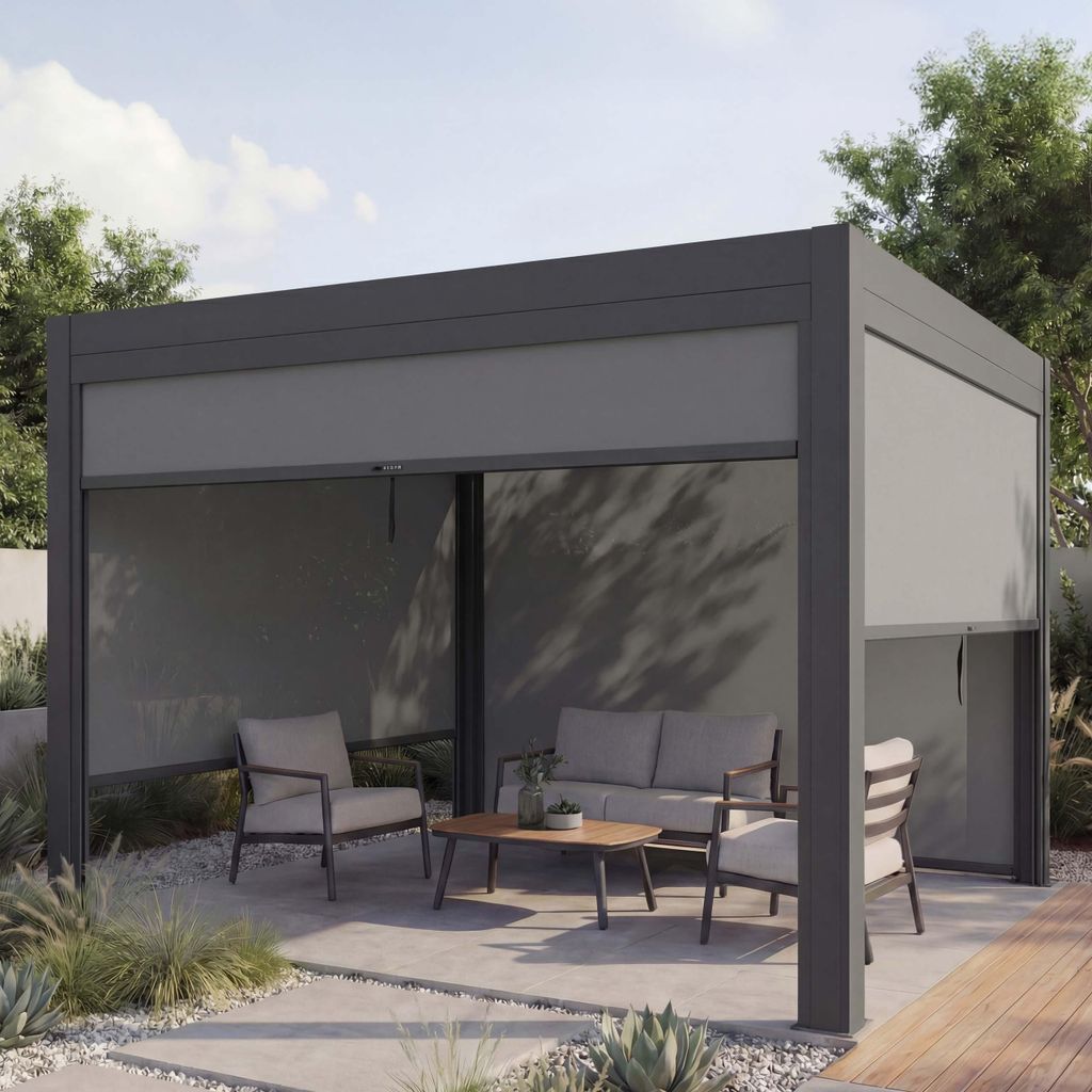Pergola HWC-L46 mit Seitenwand, Lamellen-Pavillon Rollo, 10cm-Alu-Gestell, sturmfest 3x3m anthrazit