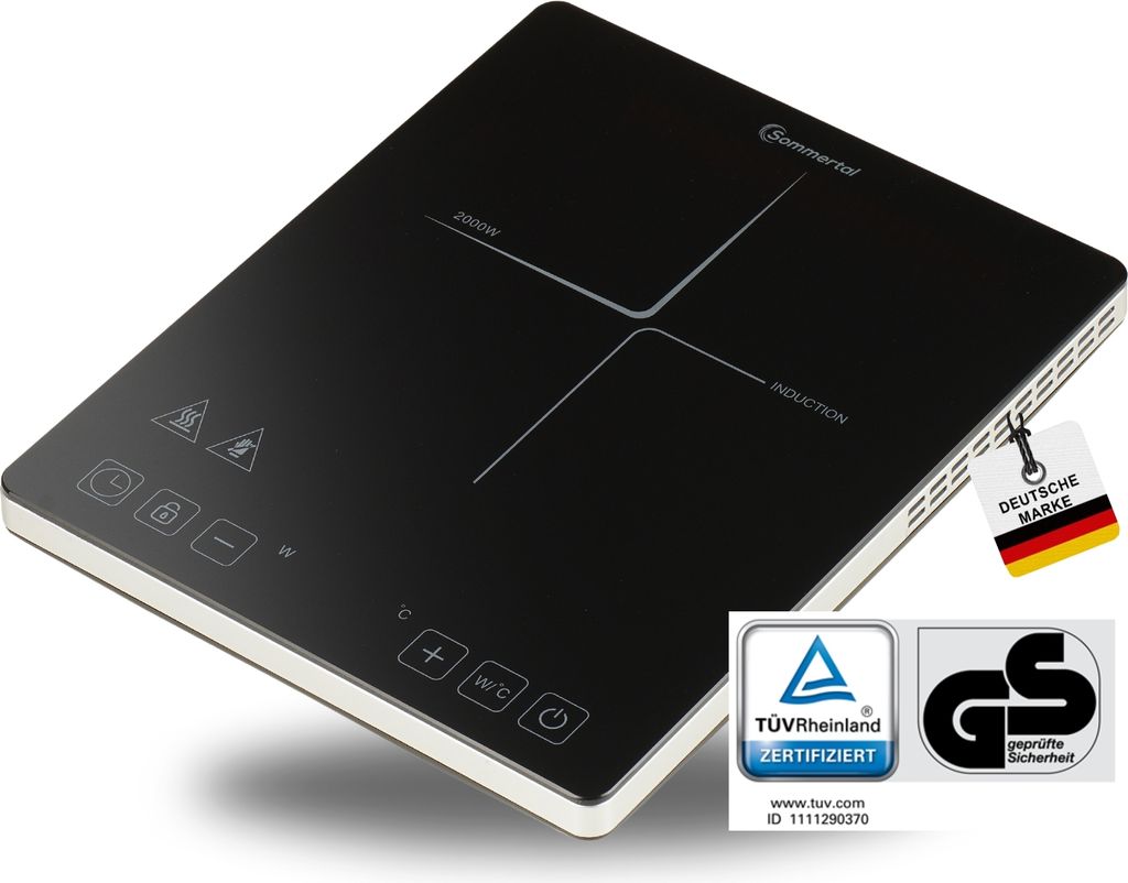 A black induction cooktop with white markings and controls, set against a white background. It has certification badges and a German flag tag attached.