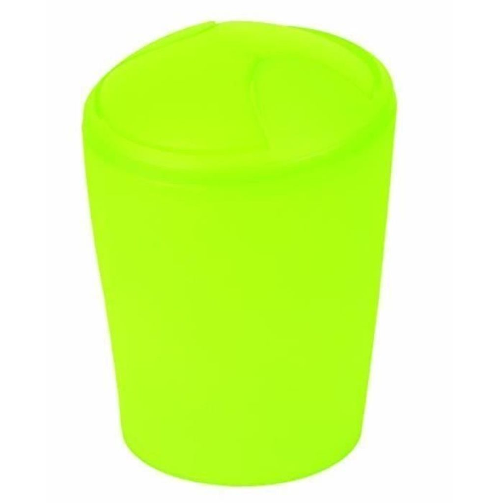 A bright green trash can with a swing lid.