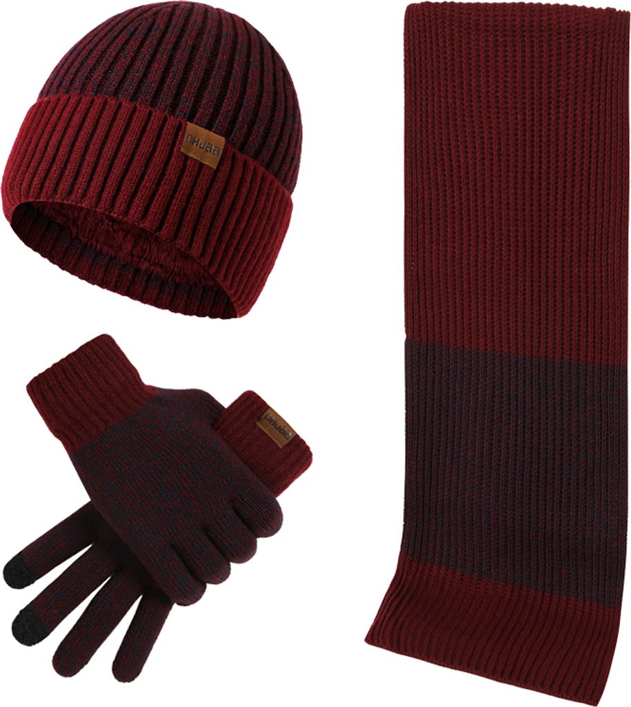 3 Stück Wintermütze Schal und Handschuhe Satz, Zweifarbig Horizontal Gestaltung/ Burgunderrot