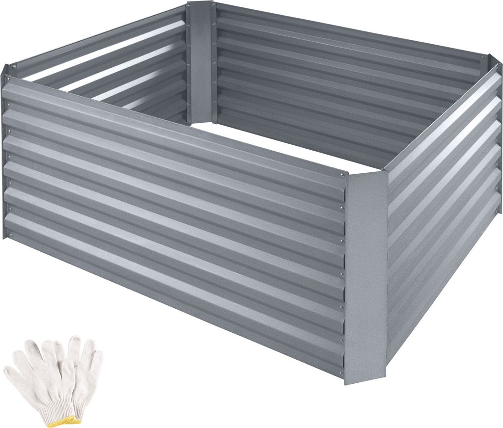 A raised garden bed made of corrugated metal, with a pair of white gardening gloves in the lower-left corner.