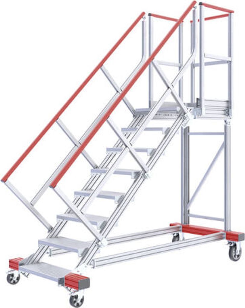 Fahrbare Podestleiter - Podesttreppe - 2.780 x 1.200 x 2.210 mm (HxBxT) - 8 Stufen 1.000 mm Breite - Treppenneigung 45 Grad - Aluminium - Rollpodest