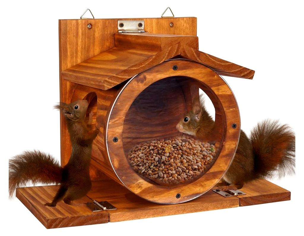 Eichhörnchen-Futterspender für den Außenbereich, wandmontierbar aus Holz mit transparenter Front, leicht zu befüllende Futterstation, Hausbox f...