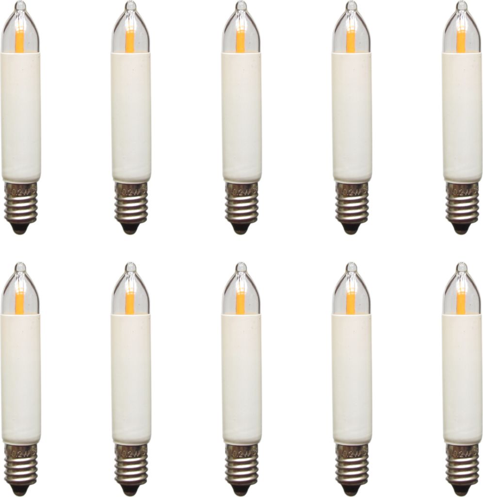 Ten LED filament candle bulbs arranged in two rows on a white background.