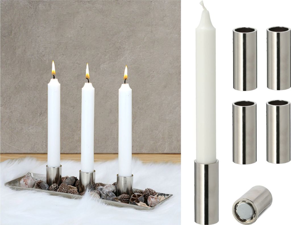 Novaliv 2er-Set Stabkerzenhalter SILBER 2,5x5cm Weihnachtsdekoration candle holder Magnet Metall Adventskranz scandic chic Tafelkerzen Kerzenhalter...