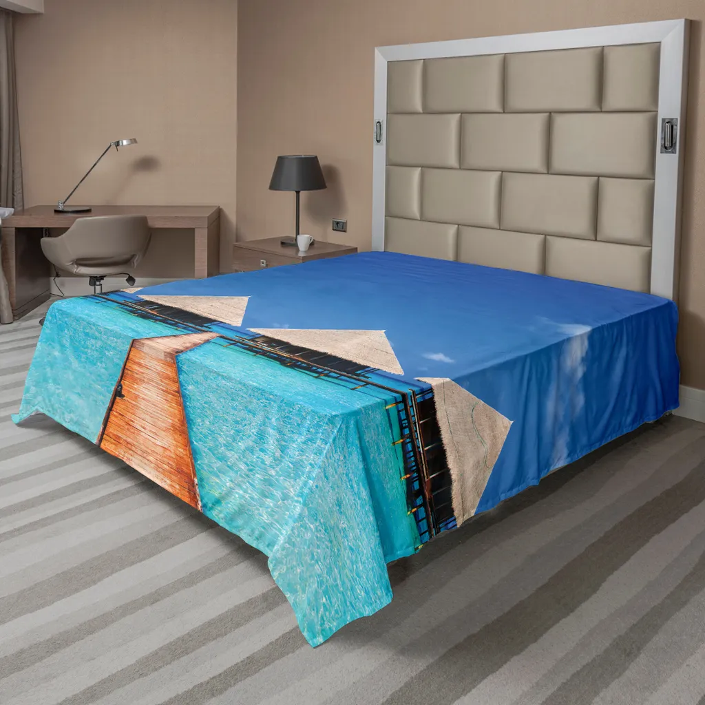Drap plat anti-décoloration 275x260 cm pour lit décoratif design bleu