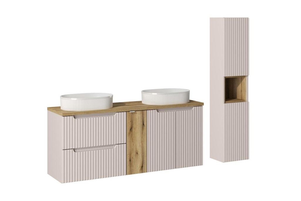Badmöbel-Set Arbeitsplatte 140 cm Mit 2 Aufsatzwaschbecken & Hochschrank , Nova Cashmere N BM140 - Kaschmir Matt/ Evoke Eiche