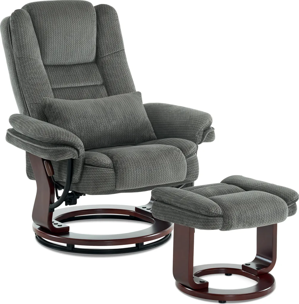 Fauteuil de lecture pivotant en tissu gris avec poche et repose-pieds