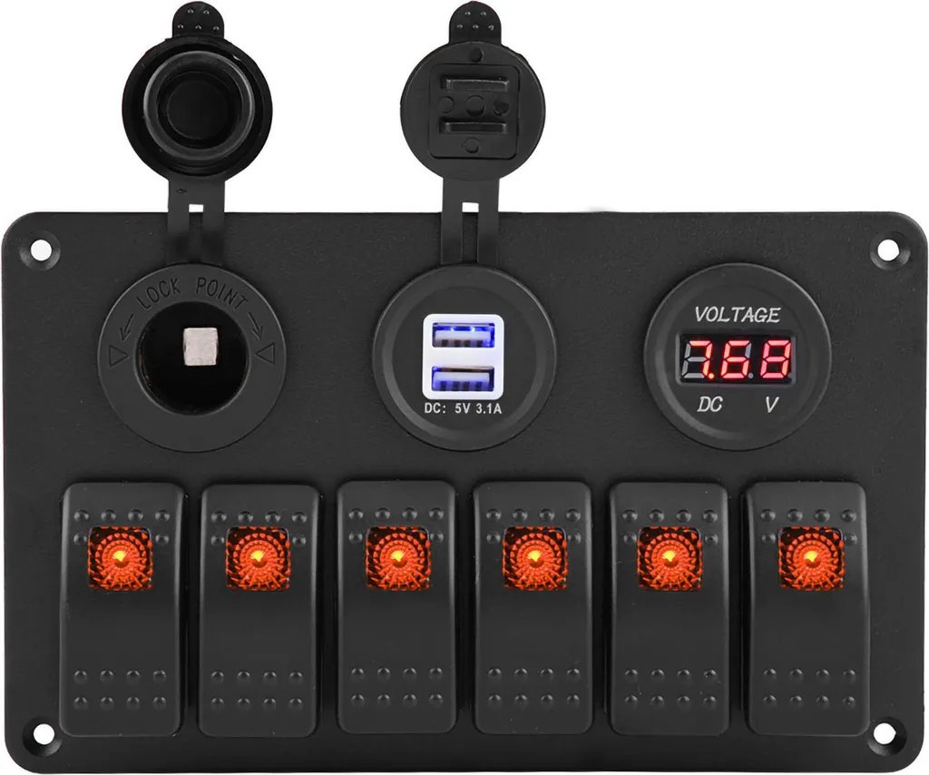 Panneau de Commande 12V 24V 6 Interrupteurs LED Orange avec Voltmètre