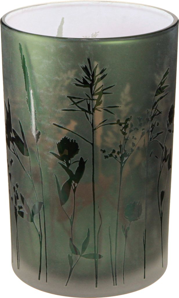 Windlicht Glas Weiß Grün Wiesen-Motiv 18cm Kerzendeko Vase