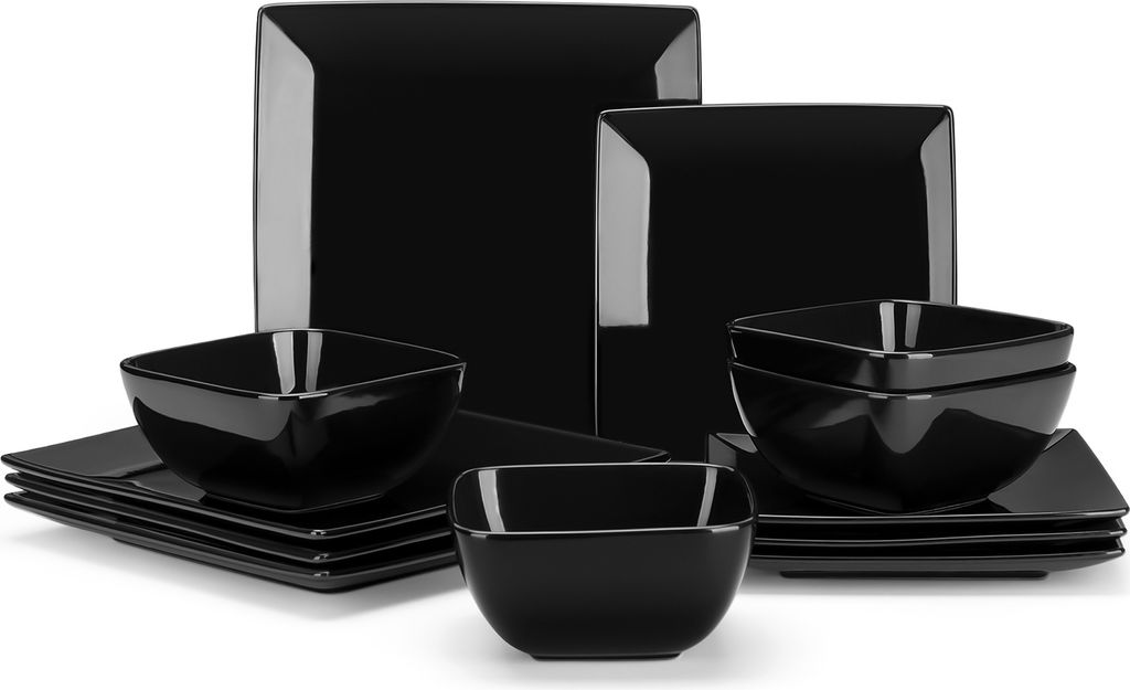 vancasso 12-tlg. Porzellan Geschirrset, Tafelservice, Kombiservice mit Speiseteller, Dessertteller, Müslischalen, Schwarz