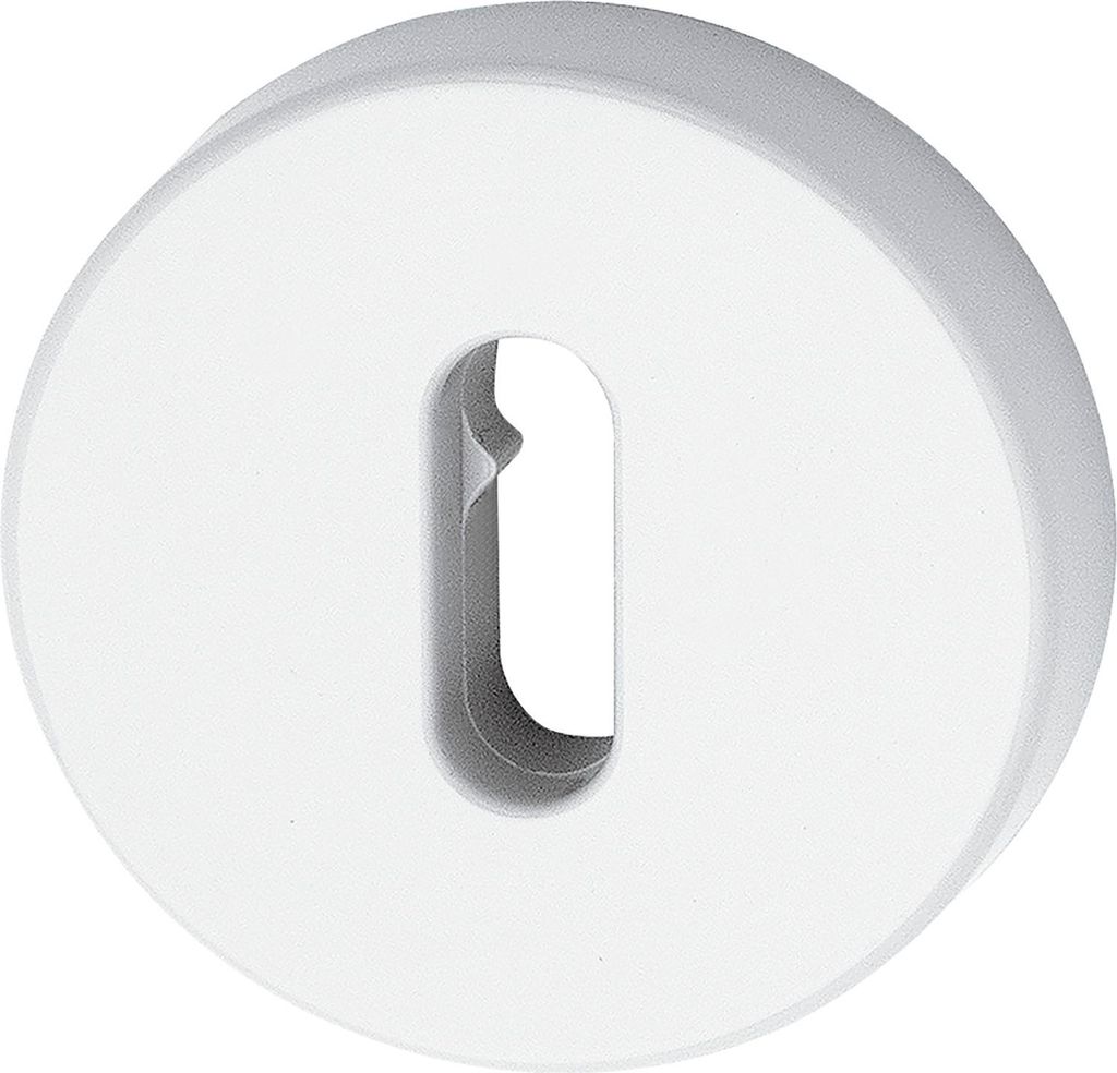 A close-up, front-facing view of a white keyhole escutcheon plate.