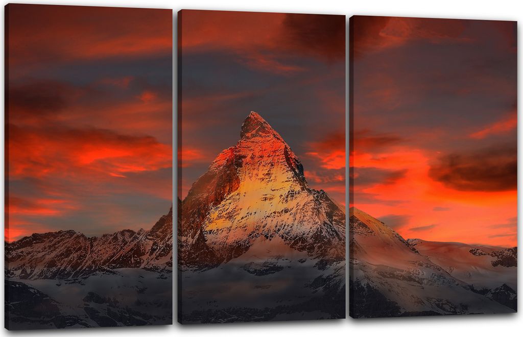 Leinwandbild 3-teilig (120x80cm): Landschaftsbilder Berge Schweiz Zermatt Berge bedeckt von Schnee, echter Holz-Keilrahmen inkl. Aufhänger, handge...