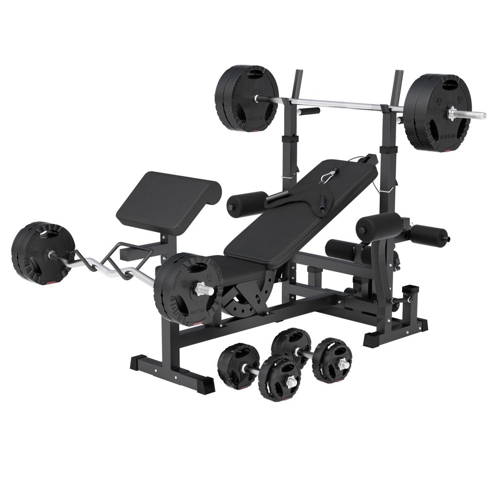 GORILLA SPORTS Hantelbank - mit 100kg Hantelset, Ablage, Dip-Station, Verstellbar, Schwarz - Multifunktion Trainingsbank mit Gewichten, Kraftstation