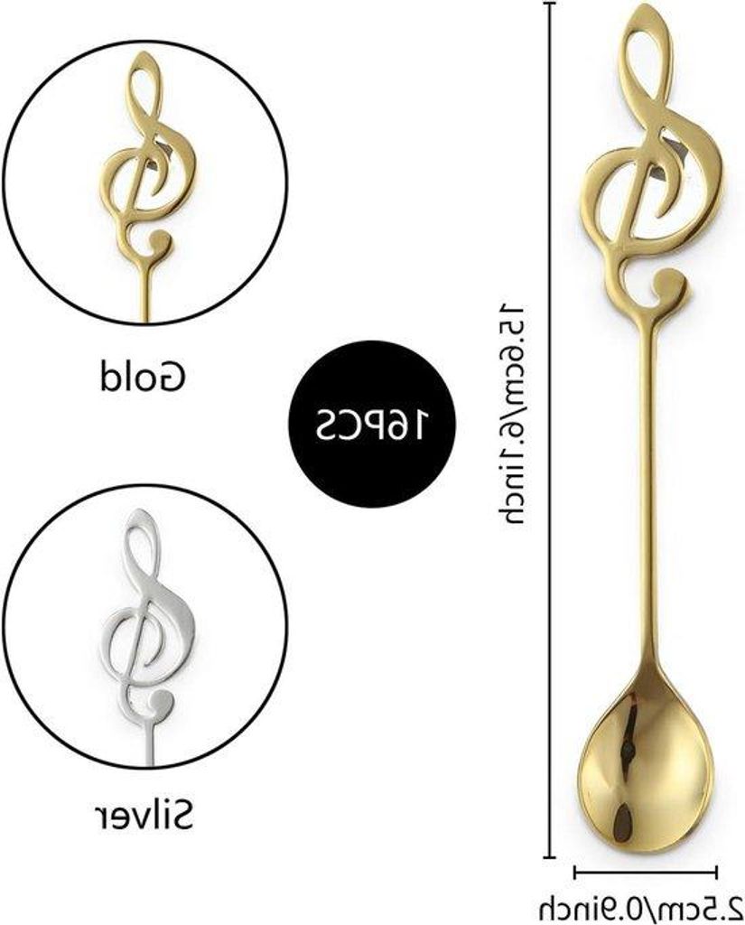 Musikalische Edelstahl-Löffel, 16 Stück, silber und gold, für Kaffee und Dessert