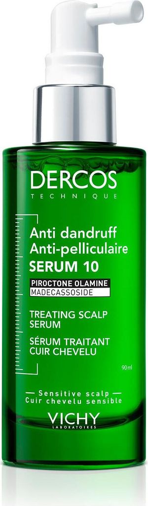 A green bottle of Vichy Dercos Anti-dandruff Serum with a white pump dispenser.
