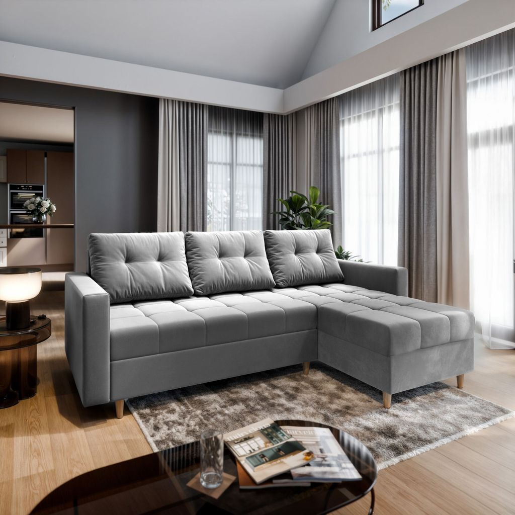 Masseno Ecksofa MILO L mit Schlaffunktion L-Form, Sofa mit Bettkasten, Wohnzimmersofa, Couch, Soffa, Bettsofa, Couchgarnitur- Hellgrau, PAROS 05