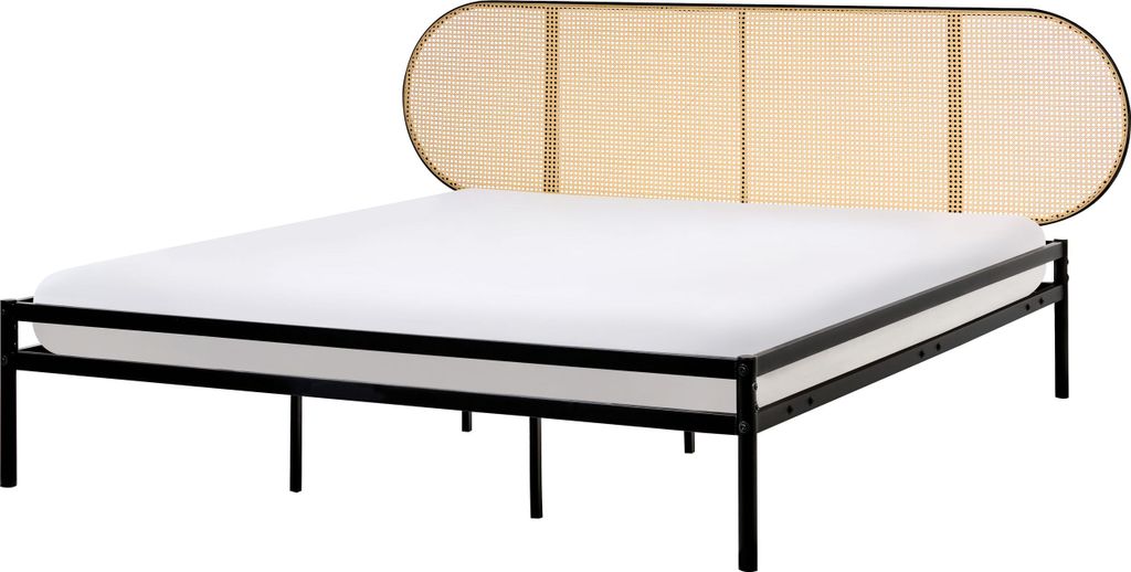 BELIANI Bett Schwarz Metall mit Lattenrost 180x200 cm Hohes Kopfteil Wiener-Geflecht Hoher Einstieg Ohne Fußteil Metallbett Doppelbett Bettrahmen