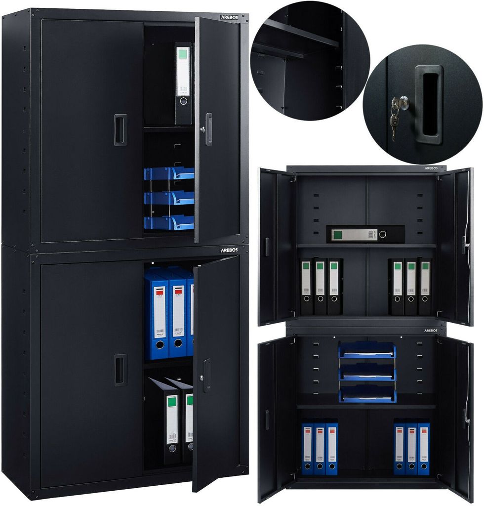 AREBOS Aktenschrank 180x40x90 cm Büroschrank Lagerschrank Schwarz mit Schloss