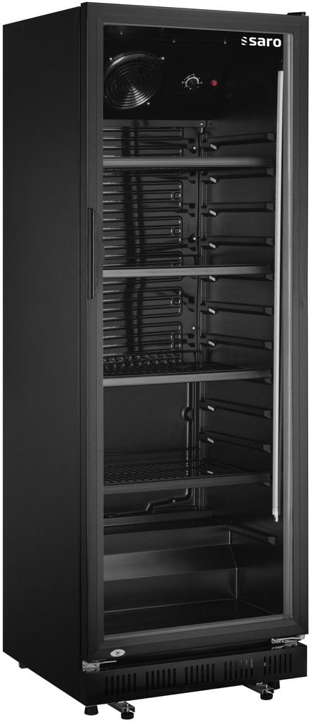 A black commercial refrigerator with a glass door.