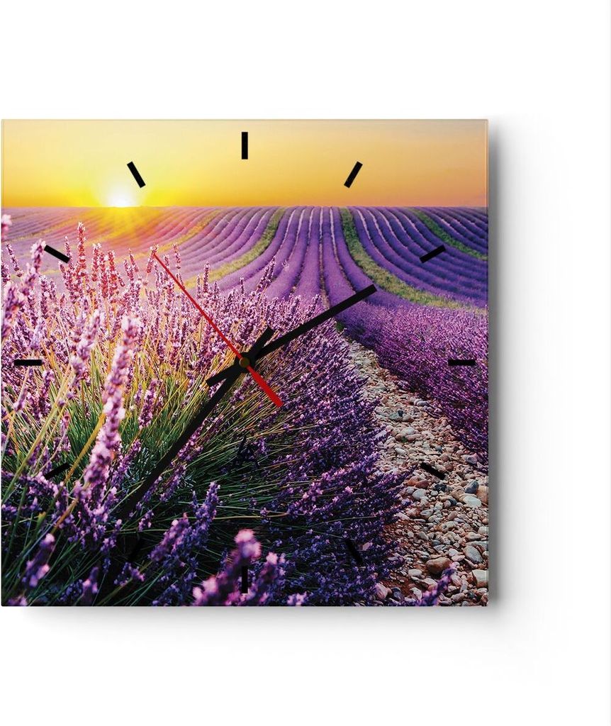 Wanduhr - Quadrat - Glasuhr - Feld Lavendel Sonne - 30x30cm - Schleichendes Uhrwerk - Lautlos - zum Aufhängen bereit - Dekoration Modern - Wanddek...