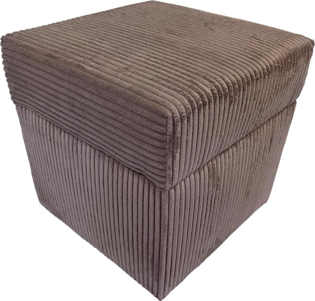 A brown corduroy ottoman is shown against a white background.