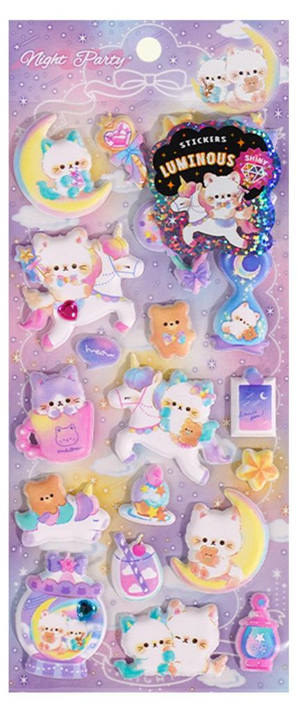 1/4 Blatt Leuchtende 3D-Puffy-Sticker, die im Dunkeln leuchten, Cartoon-Katzenfutter, DIY-Handyhülle, Notizbuch, Scrapbooking, Deko-Sticker, Gesch...