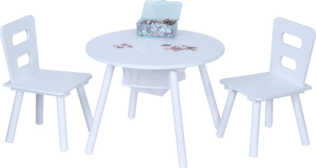 Relaxdays Kindersitzgruppe, Kindertisch mit 2 Stühlen, mit Stauraum, für Jungen und Mädchen, Kindersitzecke, MDF, weiß