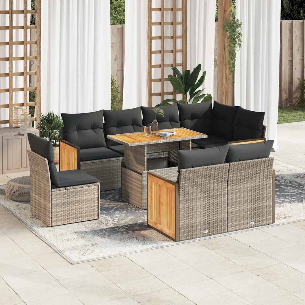 "Rabatt" 9-tlg. Garten-Sofagarnitur - mit sofa - mit Kissen Grau Poly Rattan Akazie - Lounge-Dining set CC12172