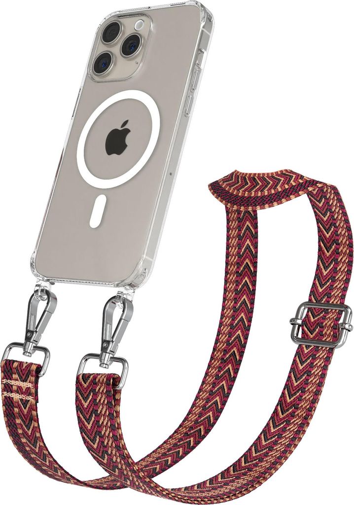 EAZY CASE - Handykette mit MagSafe Hülle für Apple iPhone 15 Pro Max, Handyband ZigZag Style,Karabiner Silber, Umhängeband in Rot