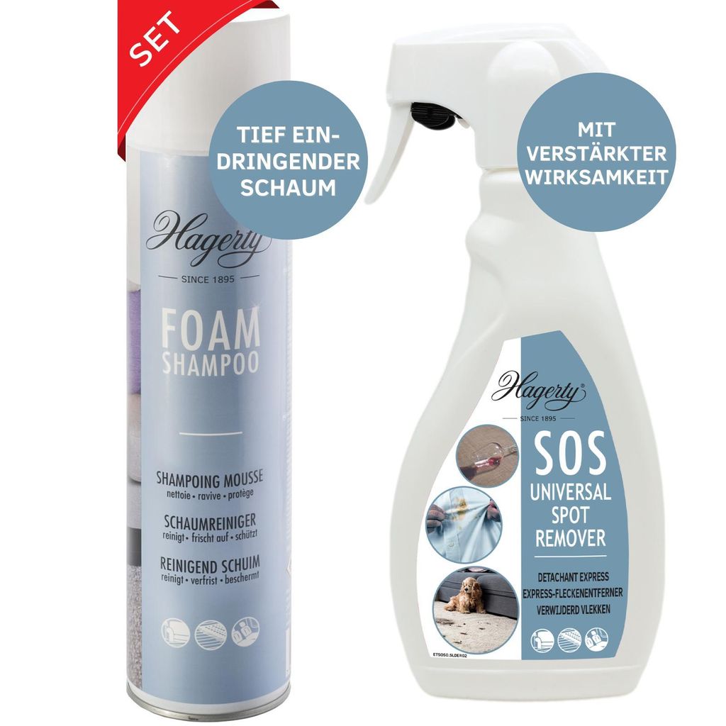 Hagerty Set Foam Shampoo + SOS Spot Remover Teppich Fleckenentferner Spray & Schaumreiniger für Teppiche & Stoffe I Teppichreiniger und Fleckenspray