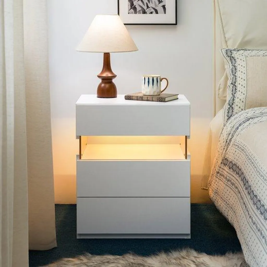 Table de chevet acrylique design pour chambre moderne avec LED et tiroirs