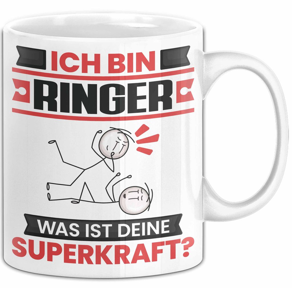 Ringer Tasse Geschenk für Ringer Geburtstag Lustiger Spruch Kaffee-Becher Was Ist Deine Superkraft (Weiß)