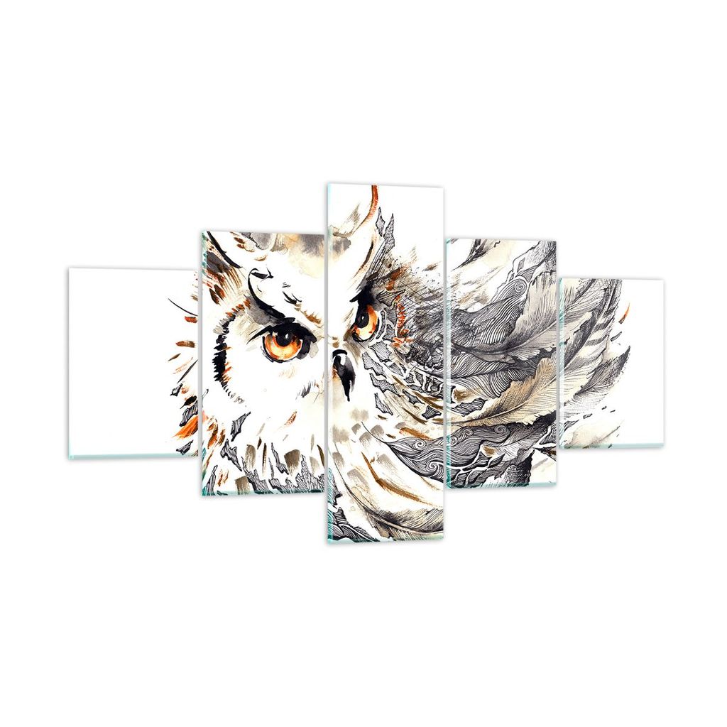 Bilder auf glas - Owl Federn Weisheit Natur - 125x70cm - Glasbilder - Wandbilder - Kunstdruck - zum Aufhängen bereit - Wanddekoration aus Glas - G...