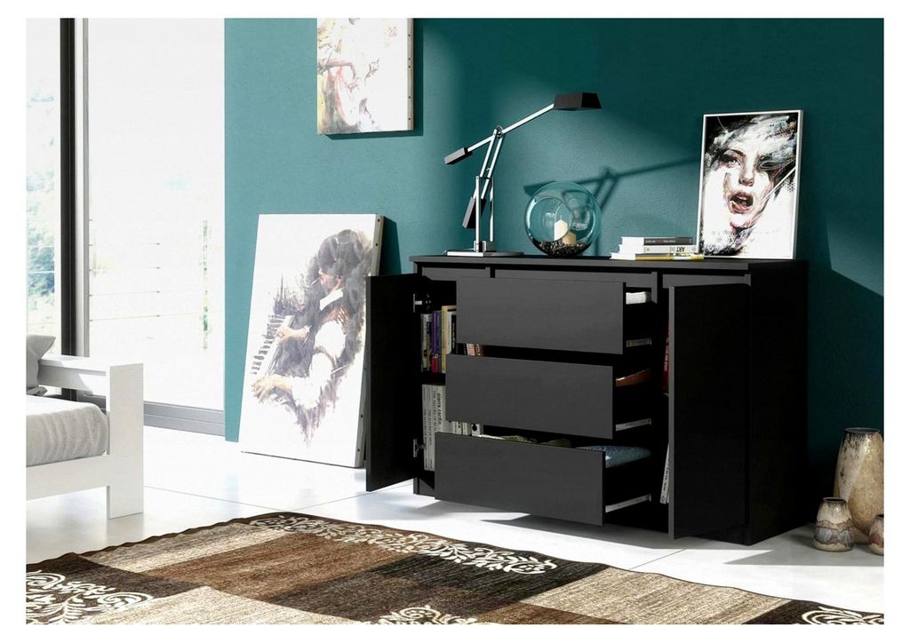 Kommode 120 cm Breite - Modernes Sideboard - Highboard mit 3 Schubladen - Schubladenschrank für Wohnzimmer, Flur, Schlafzimmer - Schwarz 120x78,2x...