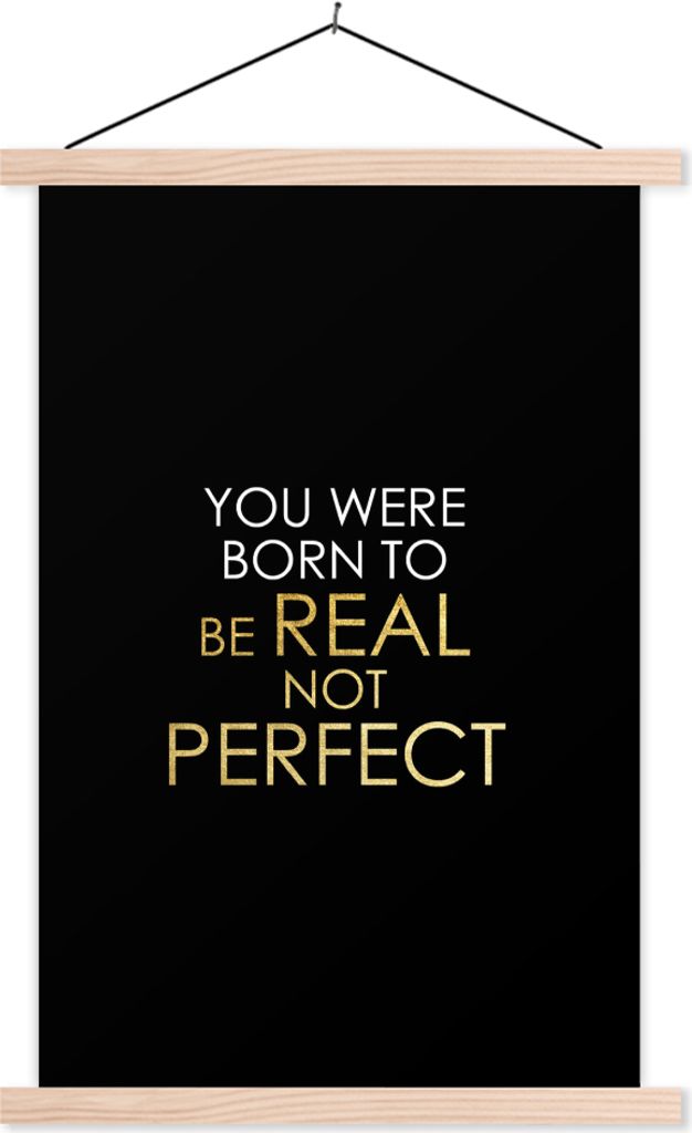 MuchoWow Textilposter Perfekt - Gold - Weiß - Buchstaben 60x90 cm mit holzfarbenen Rahmen - Textil