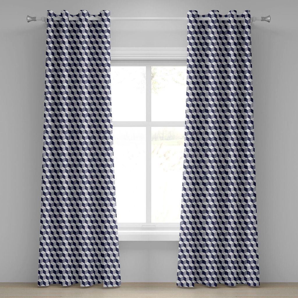 ABAKUHAUS Navy blau Ösenvorhang, Abstrakte Würfel-Form-gestreiftes geometrisches Dreidimensional-Muster Quadrate und Linien, Dekorative 2-Panel-F...