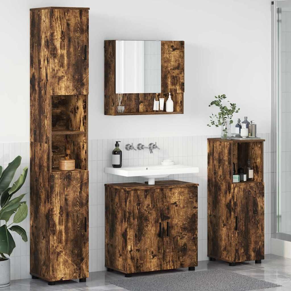 "Schlussverkauf" Badezimmermöbel-Set Wandmontiert 4 Stück - Badschrank/Toilettenschrank - Geräucherte Eiche C9240