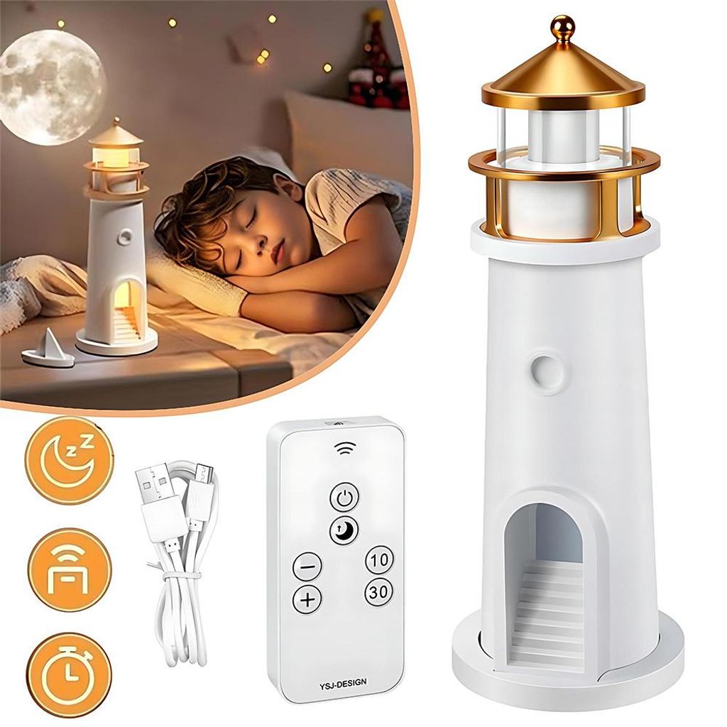 A child sleeping next to a lighthouse lamp, with the lamp and its accessories shown separately.