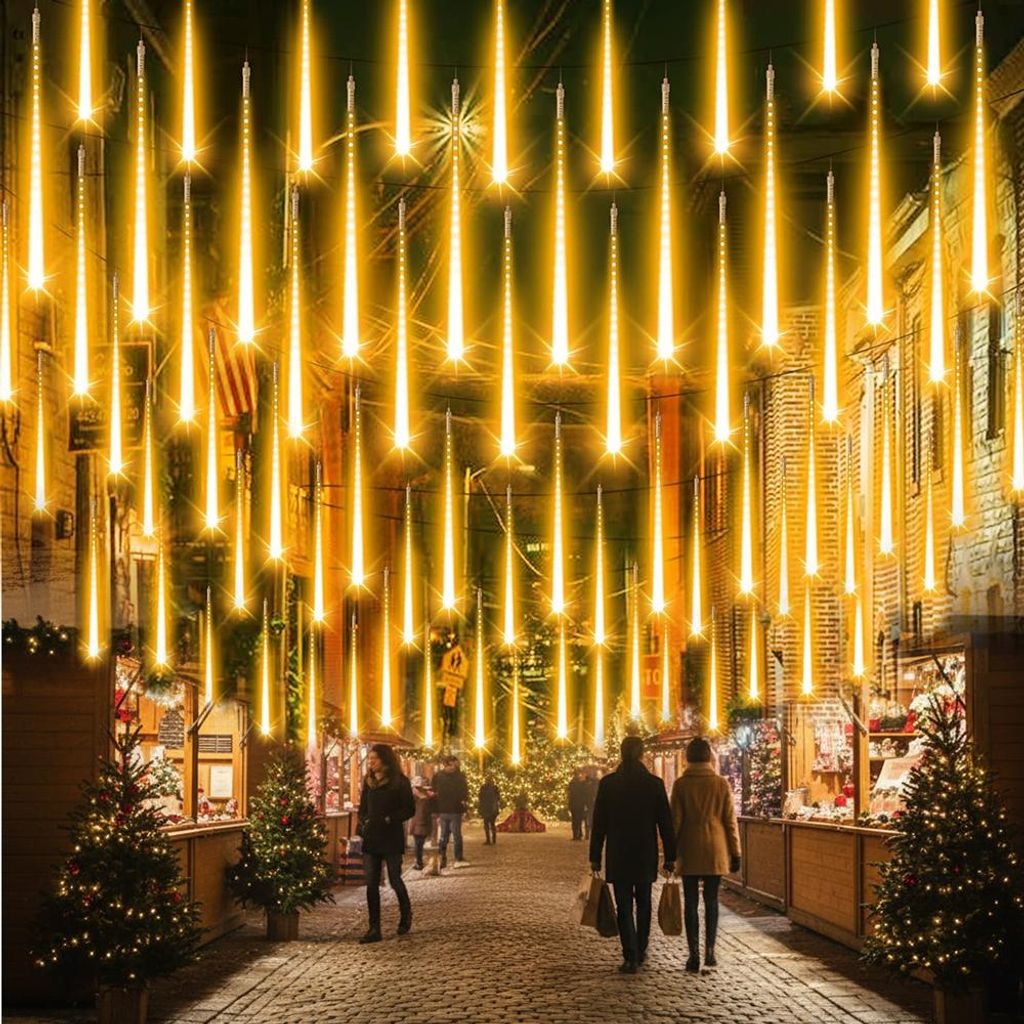 2.4M Lichterkette Weihnachten Warmweiß 8 Röhren LED Meteorschauer Lichterkette Regen Lichter für Weihnachtsbaum Party Hochzeit Garten Fenster Deko