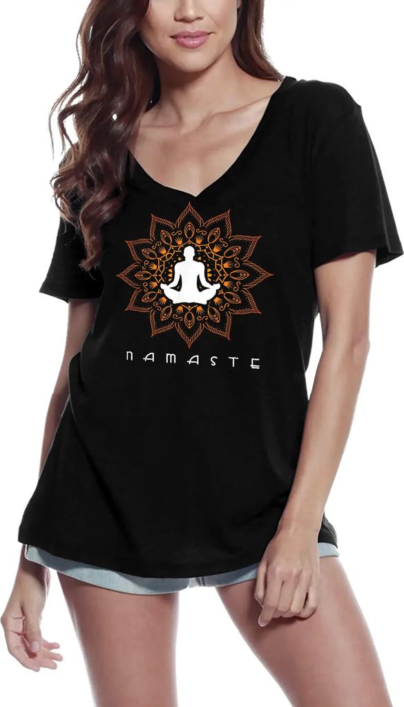 Damen Grafik T-Shirt V-Ausschnitt Mandala Yoga-Pose Yoga Frieden – Mandala Yoga Pose Yoga Peace – Öko-Verantwortlich Vintage Jahrgang Kurzarm ...