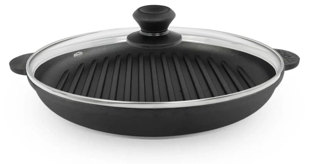 Ø30cm Grillpfanne aus Gusseisen Bräter mit Glasdeckel Schmortopf zwei Griffe Servierpfanne Grill
